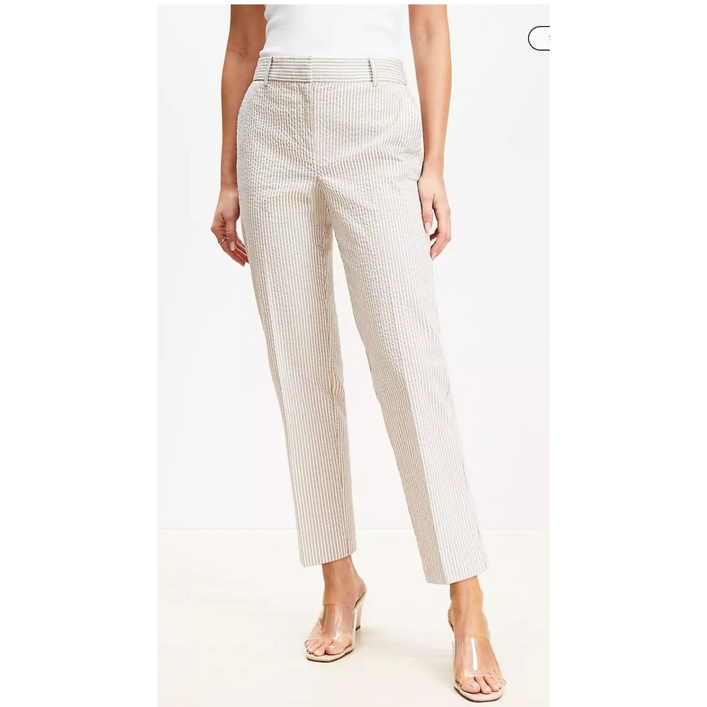 NWT LOFT Riviera Slim Pants Size 2 Tan White Striped Mid Rise Stretch Trousers